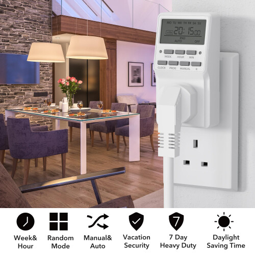 HBN 7 Day Digital Timer with Countdown Setting,Heavy Duty Electrical Socket Plug,20 ON/Off Weekly Settings for Lamp Light,24 Hours Programmable Outle 2