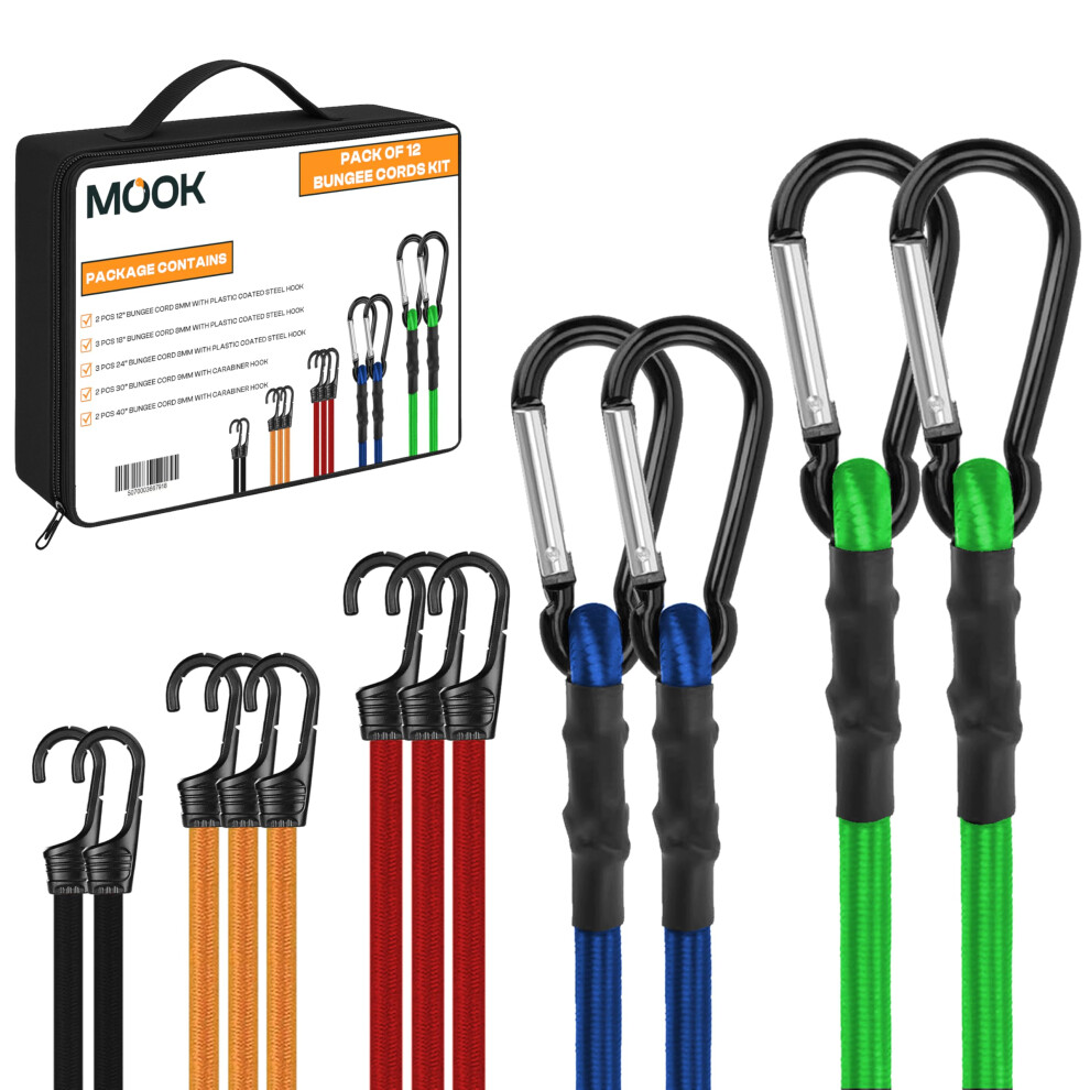 Mook Heavy Duty Bungee Cords With Hooks, 12-Pcs Bungee Cord Set - Multi-Length Uv Resistant Double Braided Bungees For Traveling, Camping, & Storage 42858607