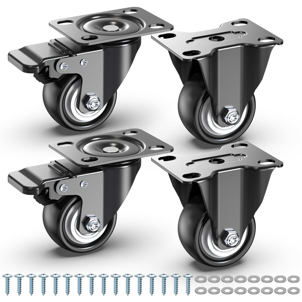 Holkie 50Mm Heavy Duty Furniture Castor Wheels Set Of 4 Up To 250Kg Wheels For Furniture (2 Swivel With Brake And 2 Rigid Castors) - Free Screws 62021432