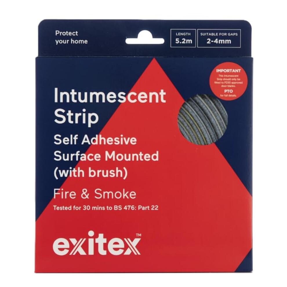 Exitex Self Adhesive Intumescent Fire Door Strip With Brush, 5.2M, Grey - Surface Mounted Door Seal, Fire & Smoke Seal, Easy Retrofit, 30 Minute Fire 70138801