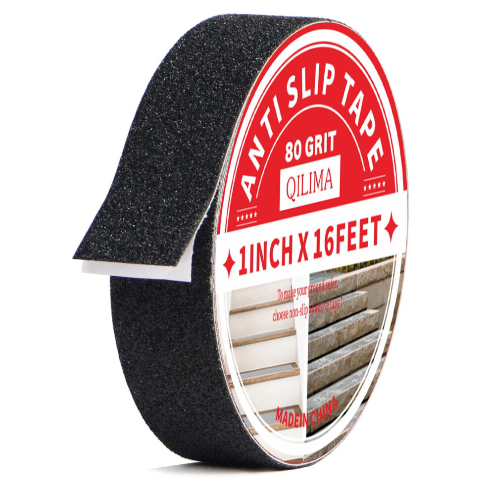 Qilima Anti-Slip Tape, High Traction Grip Tape 2.5Cm X 5M Non Skid Strip Tape Abrasive Adhesive For Stairs Tread Steps Ramps Indoor Outdoor, Black 40218458
