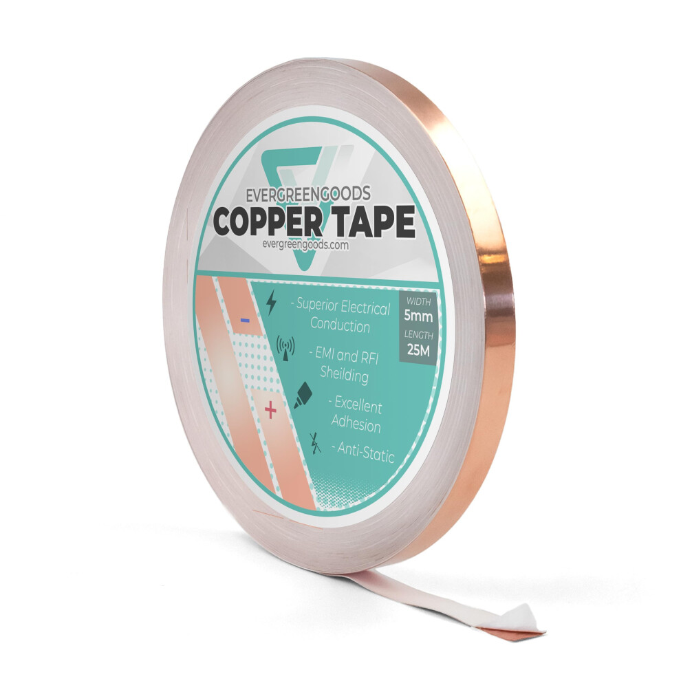 Copper Tape (5Mm X 25M) 5 Sizes - Copper Foil Conductive Tape For Circuits, Guitar Emi Shielding, Solder, Electrical Repairs, Grounding | Stained Gla 90387920