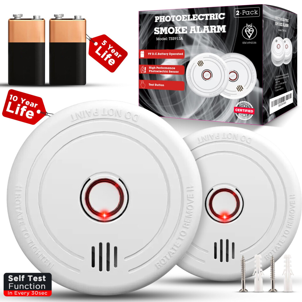 2 Pack Smoke Alarms For Home Â 10-Year Life Fire Alarms With 5-Year Replaceable Battery, En14604 Certified Photoelectric Smoke Detector With Silence 93983228