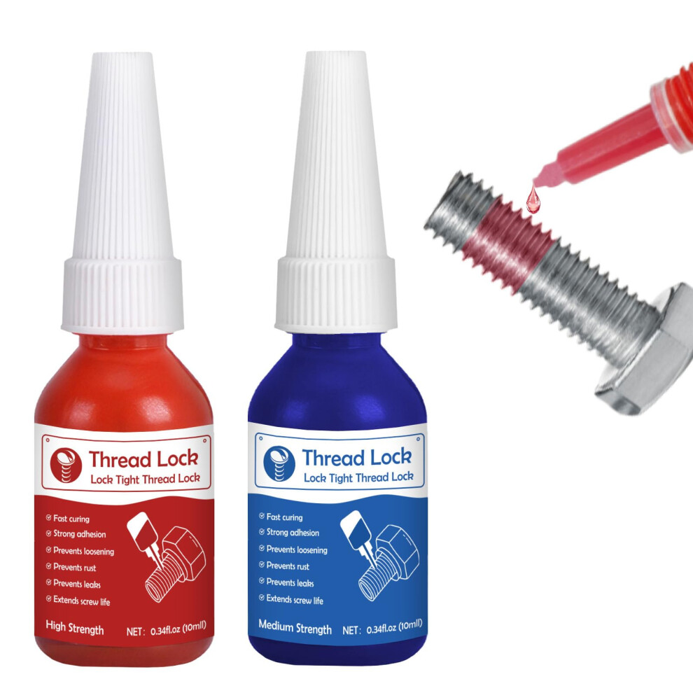 Thread Lock High Strength+Medium Strength, 2 X 10Ml Locktight Threadlock Prevent Nuts, Bolts, Fasteners And Screws From Loosening Due To Prolonged Vi 96997420