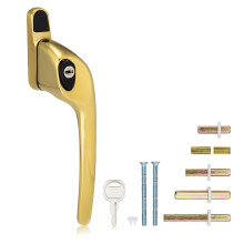 XFORT Cranked Locking Window Handle Installation Kit in Polished Brass, Right Hand UPVC Window Handle Replacement, Offset Lockable Window Lever