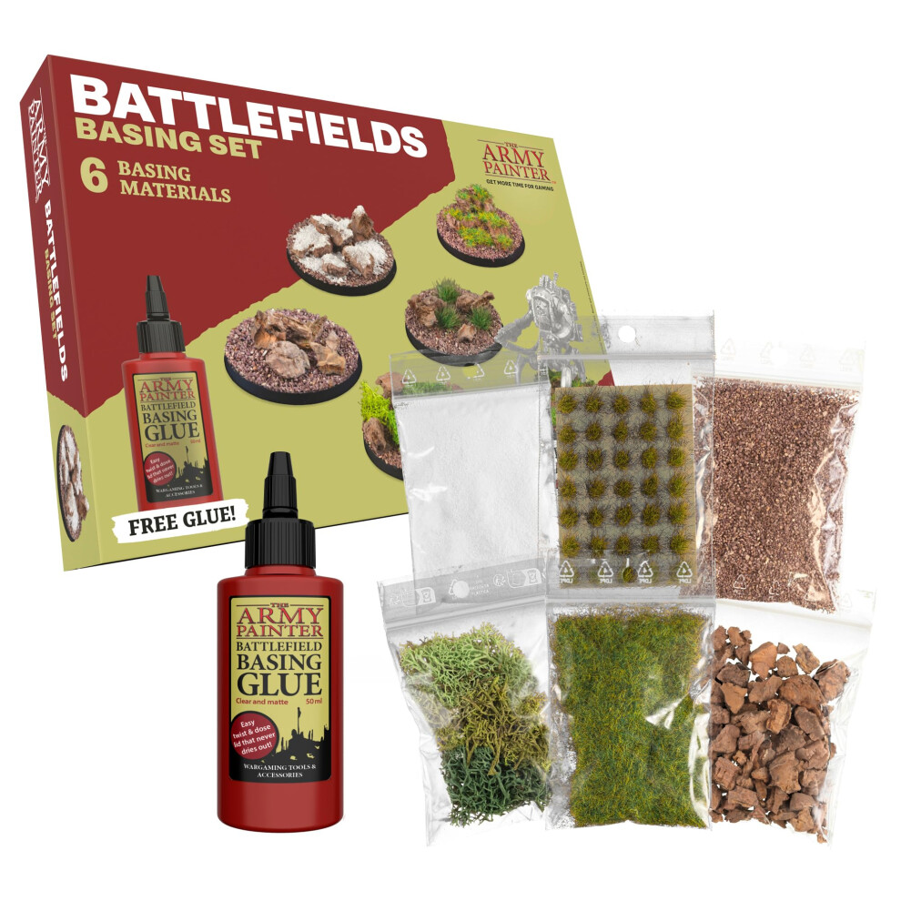 The Army Painter Green/Brown Battlefields Basing Set, 50Ml Pva Glue, 35 Tufts, 1 Box Of Fake Moss/Grass, Battleground, Summer Undergrowth, Battle Roc
