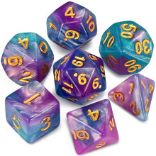 QMAY DND Dice Polyhedral Dice Set - 7 Pieces for Dungeon and Dragons MTG RPG D&D D20, D12, D10, D%, D8, D6, D4 (Lake Blue Mix Purple+Glitter)