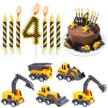 Construction Birthday Candles, 12 Pcs Construction Vehicles Cake Toppers Set with Number 4 Candle Topper and Black Stripes Candle Cake Topper for Bir