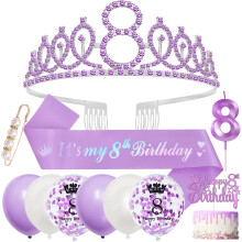 8th Birthday Decorations, 8th Birthday Sash and Tiara 8 Year Old Girls Gifts,Purple Crown Headband Sash,Balloons Cake Topper Candles Gifts for 8 Year