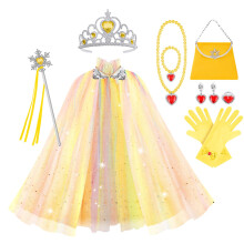 Vicloon Princess Cape Set - 11PCS Dress Up Clothes for Little Girls, Includes Cape, Crown, Wand, Jewelry, Bag - Perfect for 3+ Year Olds - Yellow