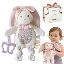 Moonkie Baby Comforter, Bunny Security Blanket with Silicone Teether, Newborn Girl Gifts for Baby Shower & Birthday, Cuddly Toy with Textured Ribbons