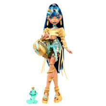 Monster High Cleo De Nile Doll in Golden Blouse and Layered Skirt, Includes Pet Cobra Hissette and Accessories like a Backpack, Snack and Scroll, HXH