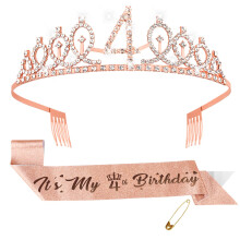 Fowecelt 4th Birthday Sash Tiara - Rose Gold Queen Tiara Crystal Crowns and Satin Sash for Girls 4th Birthday Party Gifts