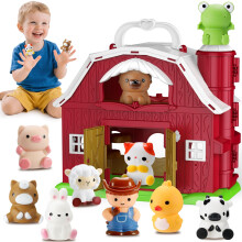 HappyKidsClub Farm Animal Toys for 1-4 Year Olds | Montessori Learning Barn with 9 Animals & Farmer | Safe Educational Toy Gift for Toddlers, Baby To