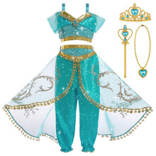 BSBUY Jasmine Princess Costume for Girls Two-Piece Sequined Dress Up, Aladdin Themed Outfit for Birthday Halloween Party Carnival Cosplay