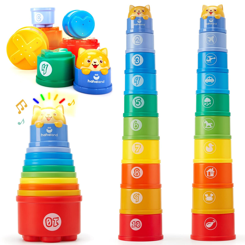 Hahaland Rainbow Stacking Cups 10 Pcs For 1 Year Old Girls Boys With Lights Sounds - Number Nesting Cups Educational Bath Baby Toys 12 18 Months 2 Ye