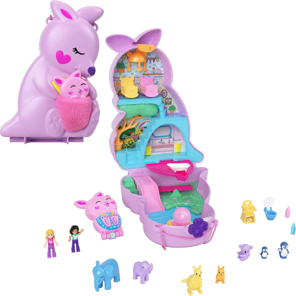 Polly Pocket Mini Toys, Mama And Joey Kangaroo Purse 2-In-1 Compact Playset With 2 Micro Dolls And Accessories, Travel Toys, Hkv50