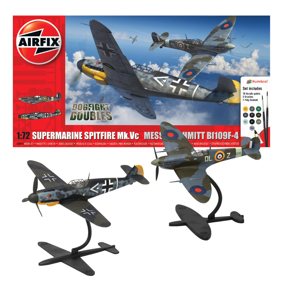 Airfix Gift Set X 2 Kits - Model Plane - A50194 Supermarine Spitfire Mk.vc And Bf109f-4 Dogfight Double Building Set, 1:72 Scale Kit For Adults & Kid
