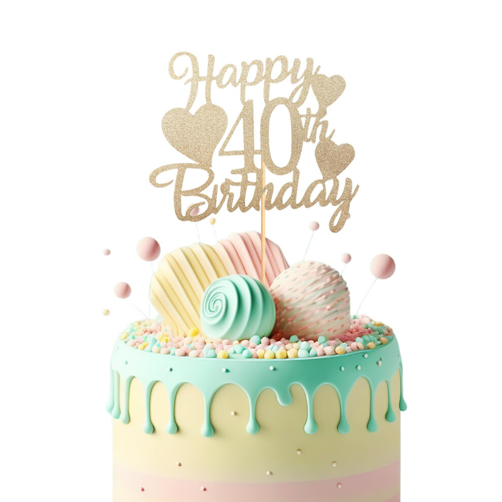 Bliceon Rose Happy 40Th Birthday Cake Topper, Glitter Happy 40 Cupcake Topper, Happy 40Th Birthday Cake Toppers For Women Themed Party Gold