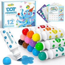 JUPITEARTH 38 PCS Dot Markers for Toddlers, 12 Colors Washable Bingo Daubers with 120 PDF & 24 Printed Activity Papers 2 Stencils, Non-Toxic Dot Pain