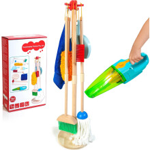 HELLOWOOD Kids Cleaning Set with Electric Vacuum Cleaners, Kids Vacuum Cleaner Set for Toddlers, Wooden Pretend Pole Play Toys for 3 Year Old+, Birth
