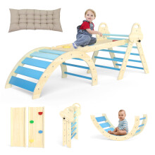Puecrof 7-in-1 Montessori Climbing Triangle with Cushion - Wooden Climbing Toy for Toddlers 1-3 Years - Indoor Climbing Arch with Slide, Ladder & Pla