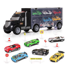 m zimoon Car Transporter Truck Toy Set with 6 Metal Cars & 8 Road Accessories, Push & Go Car Carrier with Storage and Carry Handle, Educational Birth