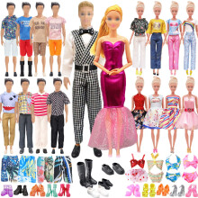 27 PCS Doll Clothes and Accessories Compatible with Barbie Ken, Include 7 Boy Outfits 7 Girl Outfits Dress Casual Wear 3 Boys Shoes 10 Girls Shoes in