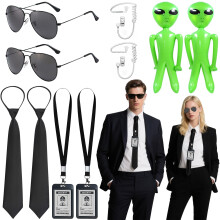 10Pcs Agent Costume Accessories Set, Secret Agent Dress Up Kit with ID Holders Black Ties Sunglasses Earpieces Inflatable Green Aliens for Women Men