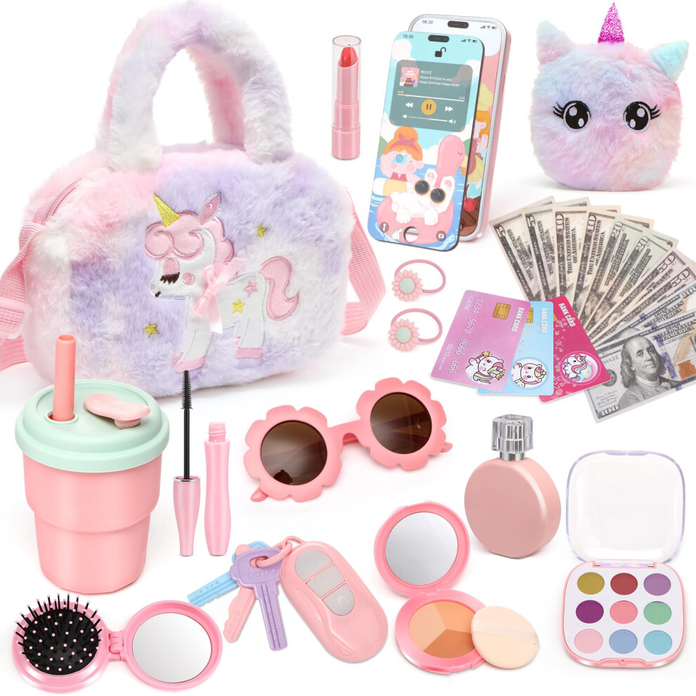 Chinloca Girls Handbag With Pretend Makeup Set For Toddler, Unicorn Toys For 3+ Year Old Girls, Kids Handbag With Toy Phone Wallet Water Bottle, Birt