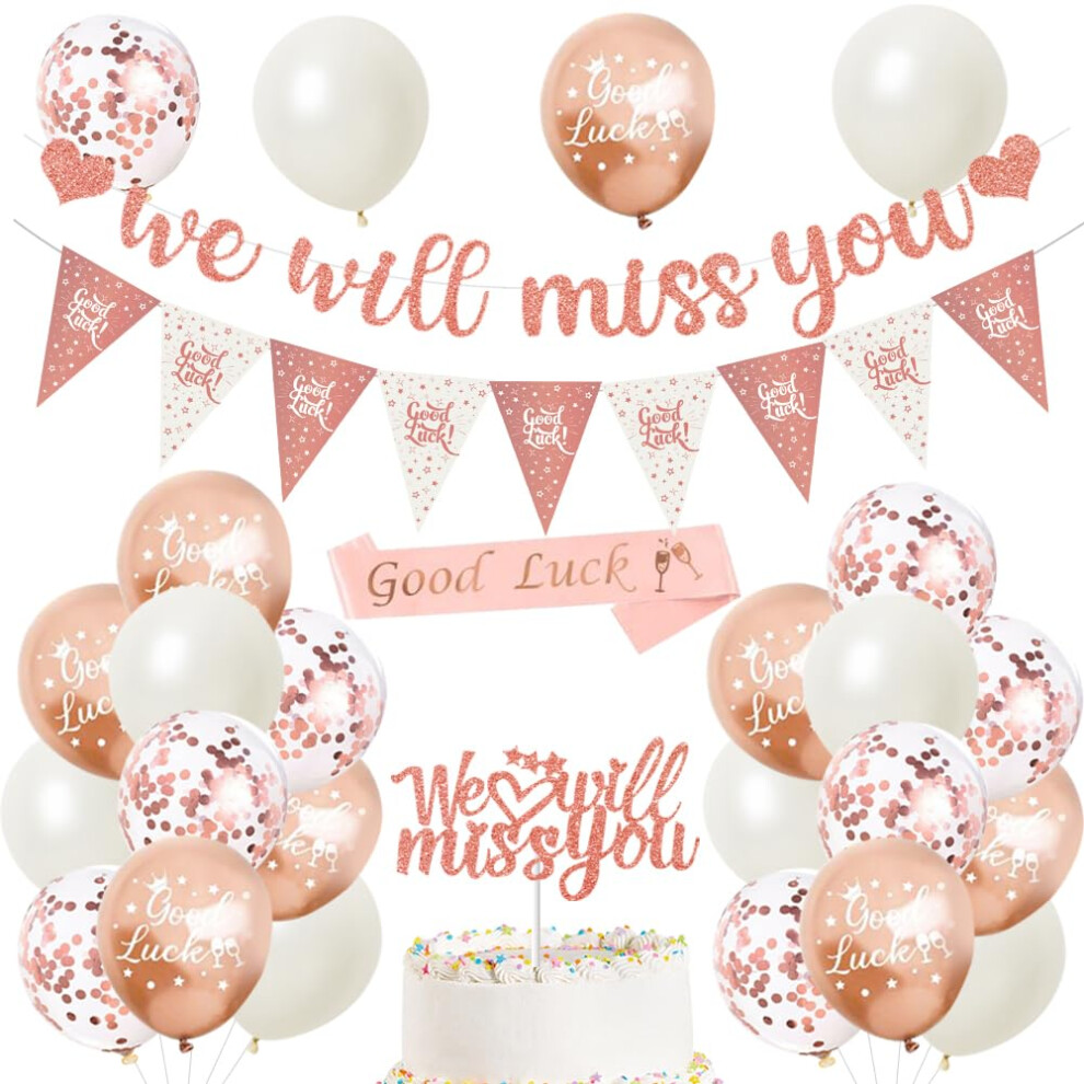 Sokey We Will Miss You Banner Leaving Party Decorations With Good Luck Balloons Triangle Flag Banner Good Luck Sash Cake Topper For Retirement Graduation G