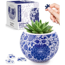 PieceRelax 3D Puzzle Planter - Oriental Floral Ornament - Small Round Plant Pots with Drainage, Home Decor Flower Pots for Indoor Cactus, Succulents