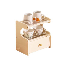 2Tier Bamboo Coffee Mug Organizer with Hidden Drawer, White Countertop Kitchen Storage Shelf