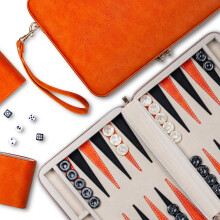 Lingle 9.4" Backgammon Sets for Adults, Classic Board Game with Folding Faux Leather Backgammon Case, Portable Travel Backgammon Game Set (Orange)