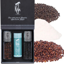 Khla - Set of Kampot Peppers Grinders & Salt - Organic Black Pepper, Red Pepper & Fleur de Sel - Rare & Grands Crus - Kampot Peppercorns Gift Box -