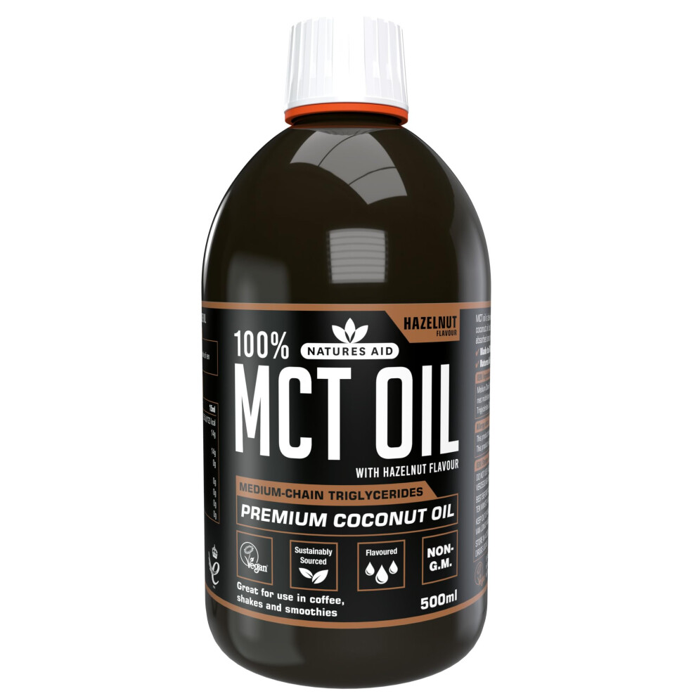 Natures Aid Mct Oil 500Ml Hazelnut - Add To Coffee Shakes Smoothies Or Dressings - 100 Percent Premium Coconut Oil Pure Sustainably Sourced Vegan