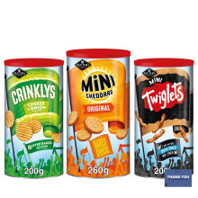 Baked Snacks Tub Bundle Which Contains Jacob's Mini Cheddars Original 260g, Crinklys Cheese Onion Baked Snacks Tub 200g, and Twiglets Original Baked