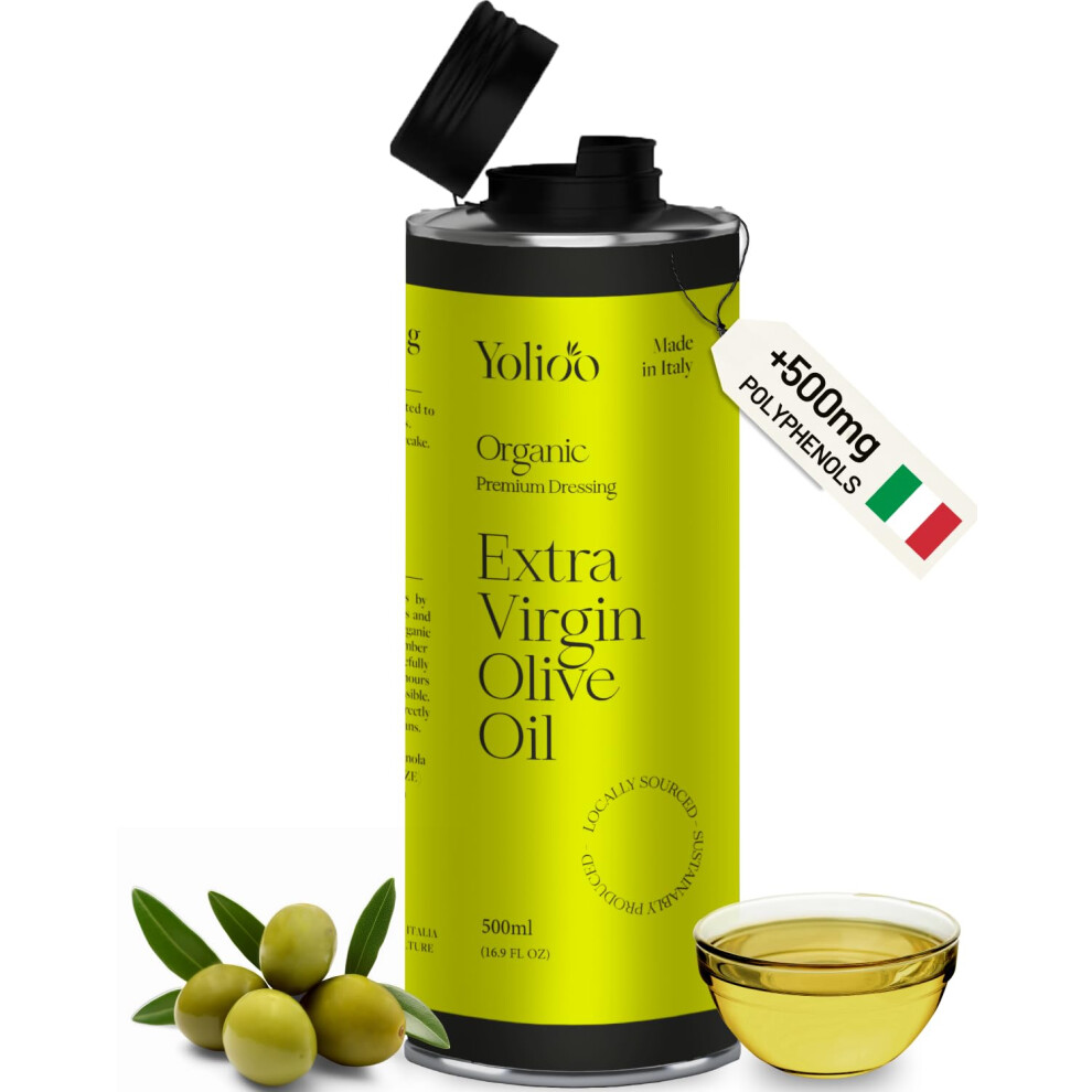 Yolioo 100% Italian Organic Olive Oil Extra Virgin | High Polyphenols Cold Pressed & Early Harvest From Tuscany | Extra Virgin Olive Oil (0. 5L)