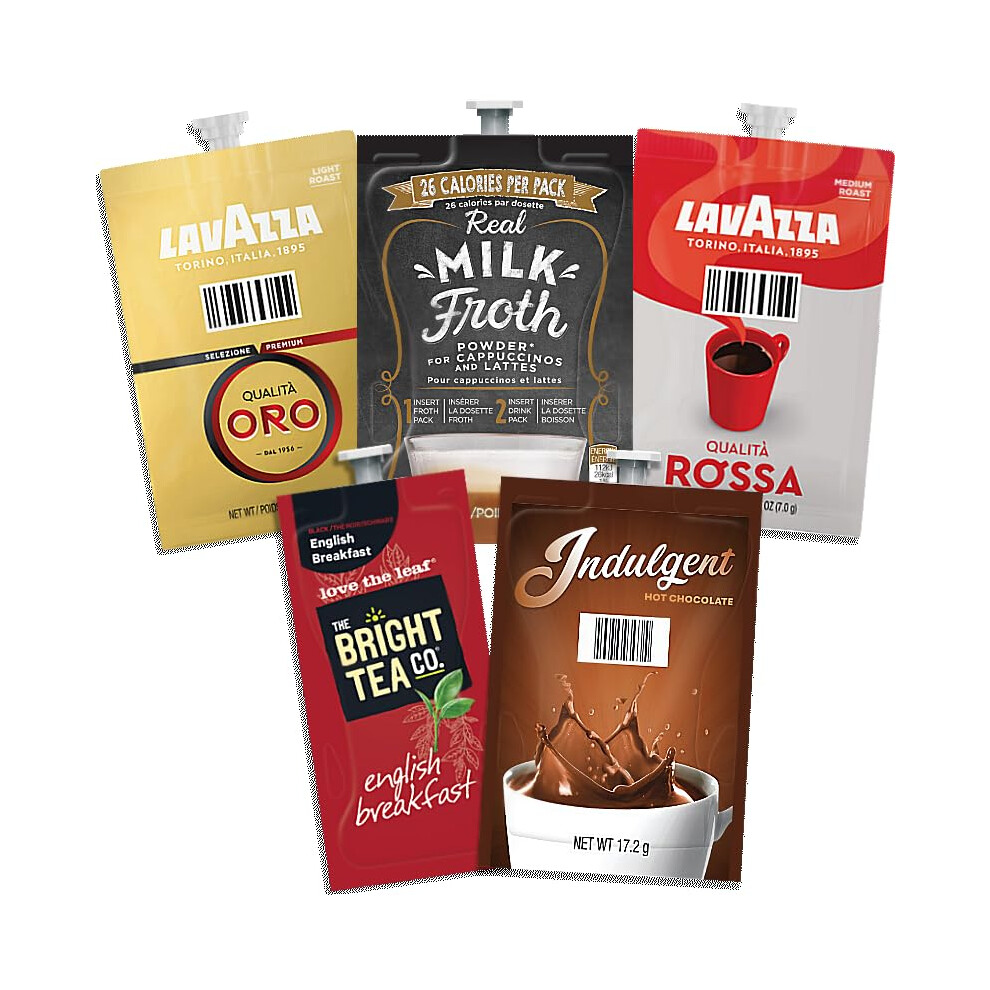 Lavazza 98 Flavia Essential Selection Drinks Sachets Oro. Real Milk Froth. Rossa. English Breakfast Tea. Hot Chocolate