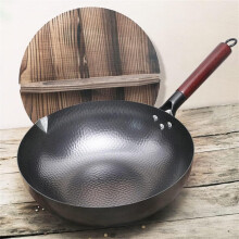 Chinese Iron Wok 32cm Handmade Flat Bottom with Lid, Even Heat Distribution, No Coating Required