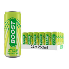 Boost Energy Drink Lemon & Lime - 24 Pack Drinks with Caffeine, Taurine and Vitamin B, Carbonated Energy Drinks, Gluten Free Vegan Low Calorie Fizzy