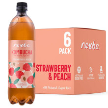 Nexba Strawberry & Peach Kombucha 1?L (Pack of 6) ? All Natural, Sugar Free & Healthy Fruit?Powered Probiotic Beverage