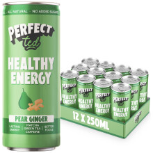 PerfectTed Pear Ginger Healthy Energy Drink, 12 x 250ml Cans, All-Natural Green Tea Caffeine (80mg) & L-Theanine | Low Calorie (30KCAL) | Vegan |