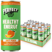 PerfectTed Juicy Peach Healthy Energy Drink, 12 x 250ml Cans, All-Natural Green Tea Caffeine (80mg) & L-Theanine | Low Calorie (43KCAL) | Vegan |