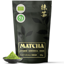 NaturaleBio Organic Ceremonial Grade Matcha Powder, 50g. From Uji, Kyoto for Traditional Japanese Tea Ceremony. Green Tea Free of Added Sugars and