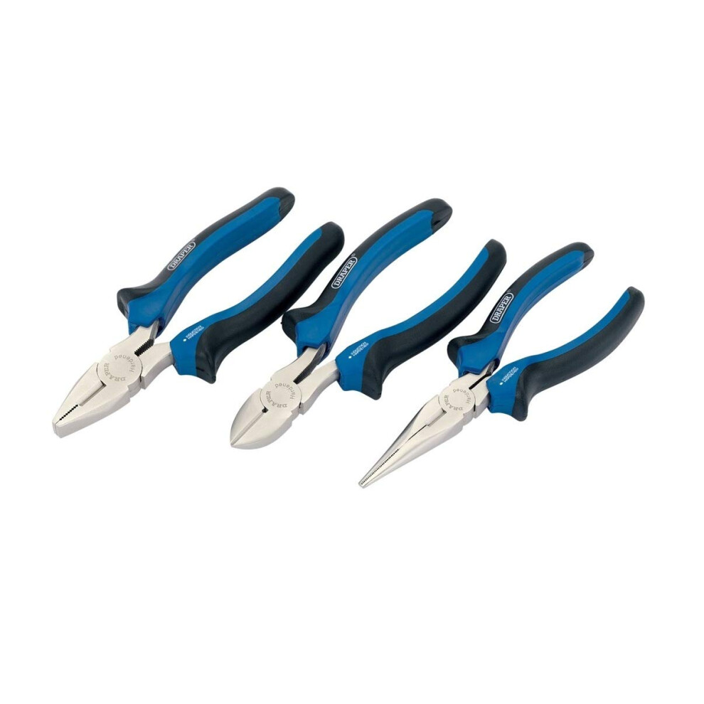 Draper 3 Piece 160Mm Plier Set | Soft Grip Hand Tools Kit | Carbon Steel Long Nose Pliers | Combination & Diagonal Side Cutters | Hardened Jaws &