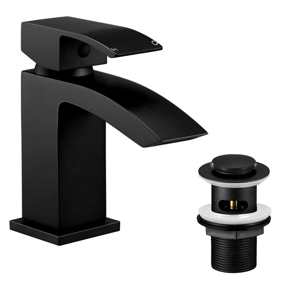 Wasserrhythm Basin Taps With Pop Up Waste Black Waterfall Square Bathoom Sink Tap Mixers Brass Mono Cloakroom Faucet Monobloc With Slotted Waste 5051222339411