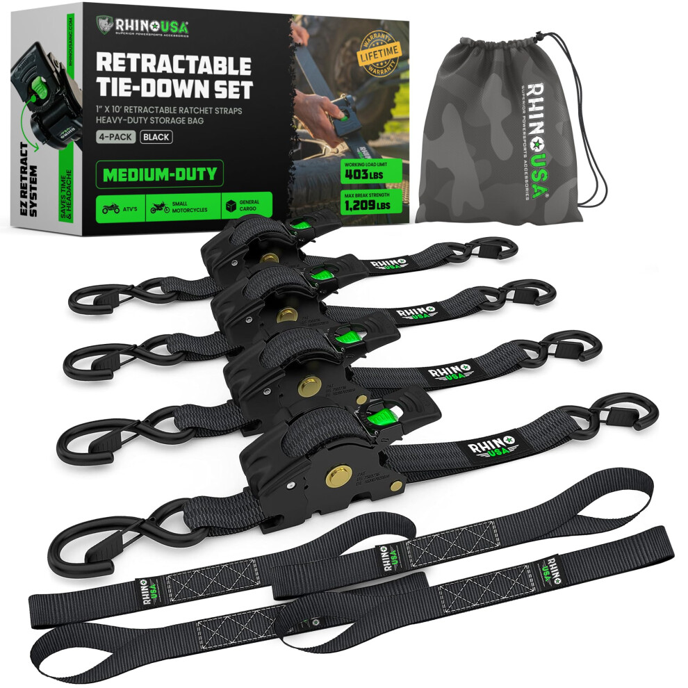 Rhino Usa Retractable Ratchet Tie Down Straps (4Pk) - 540Kg Guaranteed Max Break Strength, Includes 2.5 Cm X 3 M Autoretract Tie Downs With Padded 5051222342718