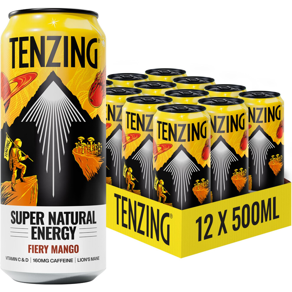 Tenzing Natural Energy Tenzing Super Natural Energy Drink, Fiery Mango, 160Mg Caffeine, Vitamin D, Magnesium, Mushrooms, Plant Based, Vegan, & Gluten Free, 500Ml (Pack Of