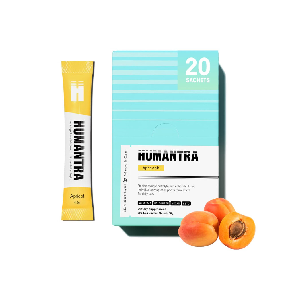 Humantra Electrolyte Packets | Zero Sugar | W/ 6 Electrolytes | Electrolytes Powder (20 Count, Apricot)